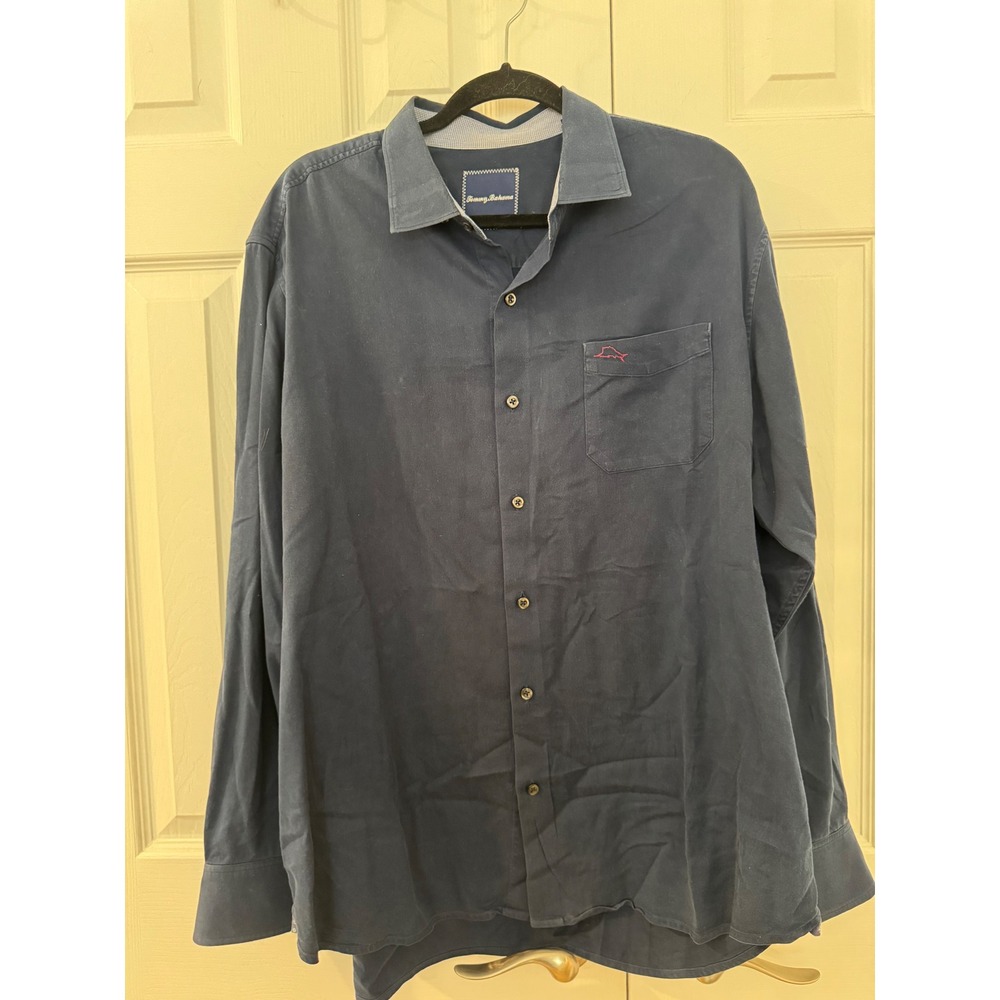 Tommy Bahama Mens Large Navy Blue Cotton Silk Blend Long Sleeve Button Shirt